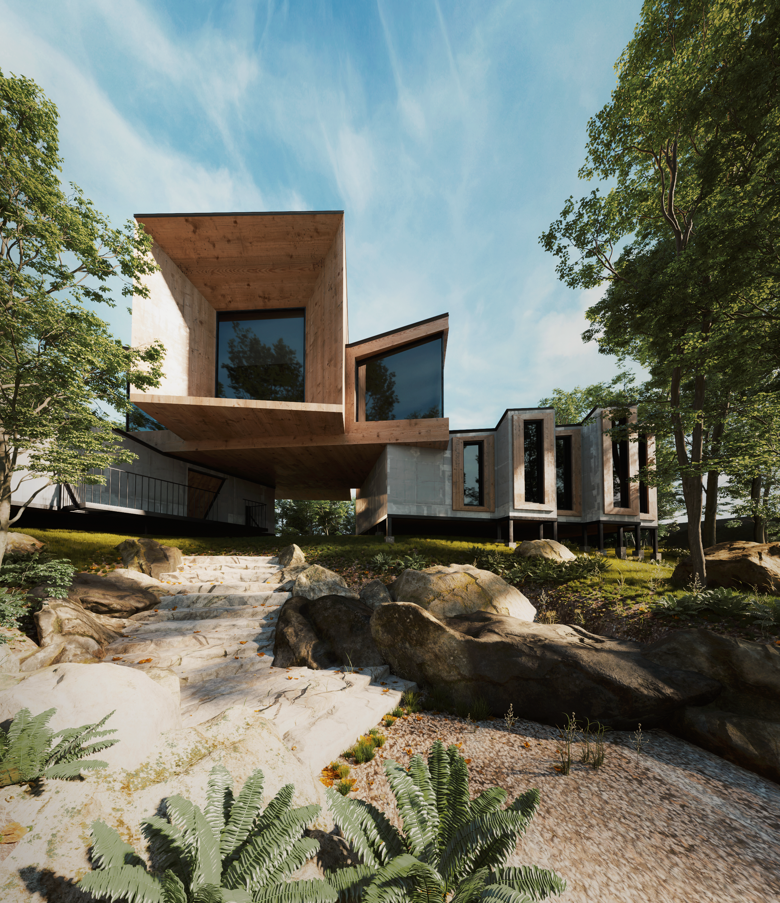Timber house among trees and rocks