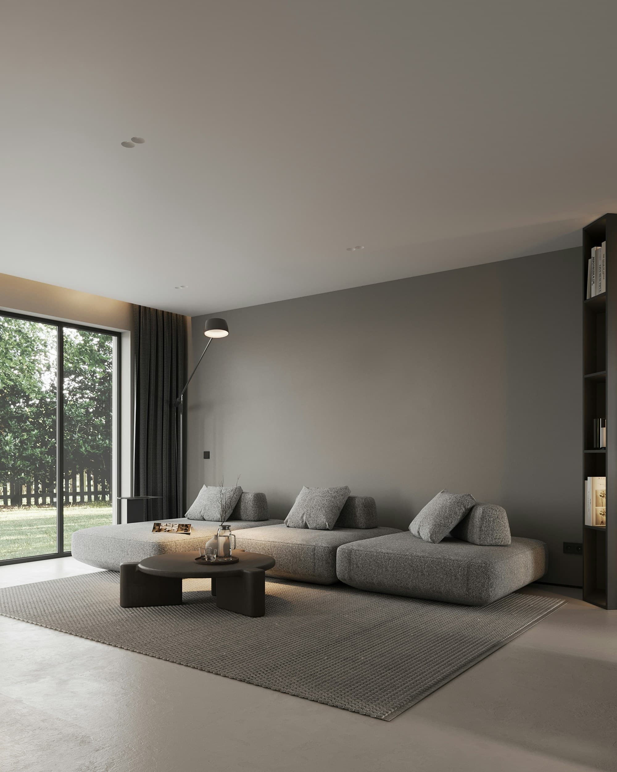Calm grey living room with a large window