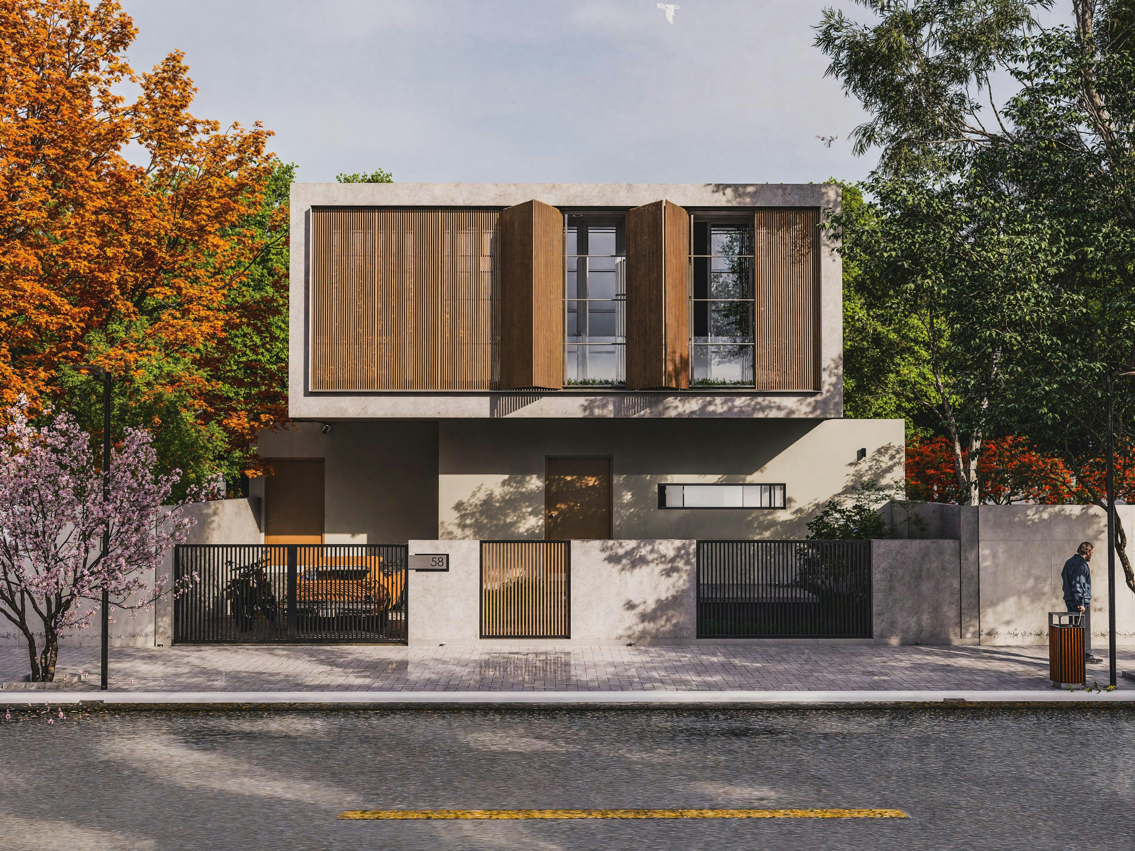 Concrete and timber house among trees